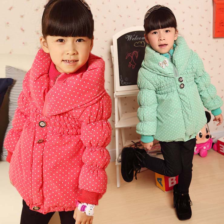 2012 winter children's clothing fashion dot large lapel female child cotton-padded medium-long wadded jacket child outerwear