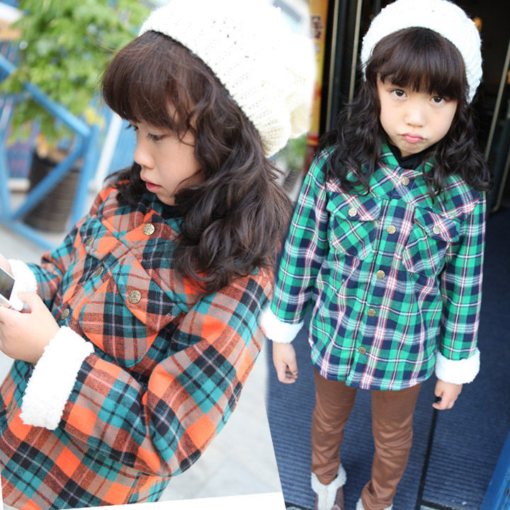 2012 winter children's clothing female child plaid berber fleece with a hood child thickening shirt outerwear