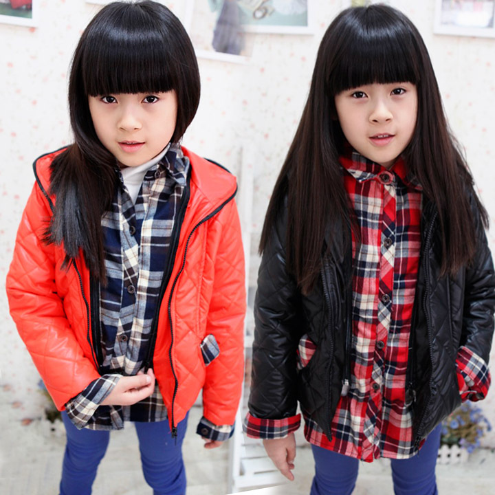 2012 winter children's clothing female child plaid faux two piece cotton-padded jacket wadded jacket child cotton-padded jacket