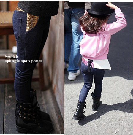2012 winter children's clothing female child velvet legging paillette denim skinny pants  thicken jeans