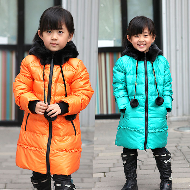 2012 winter clothing female child girl child hair ball fur collar long design down coat outerwear