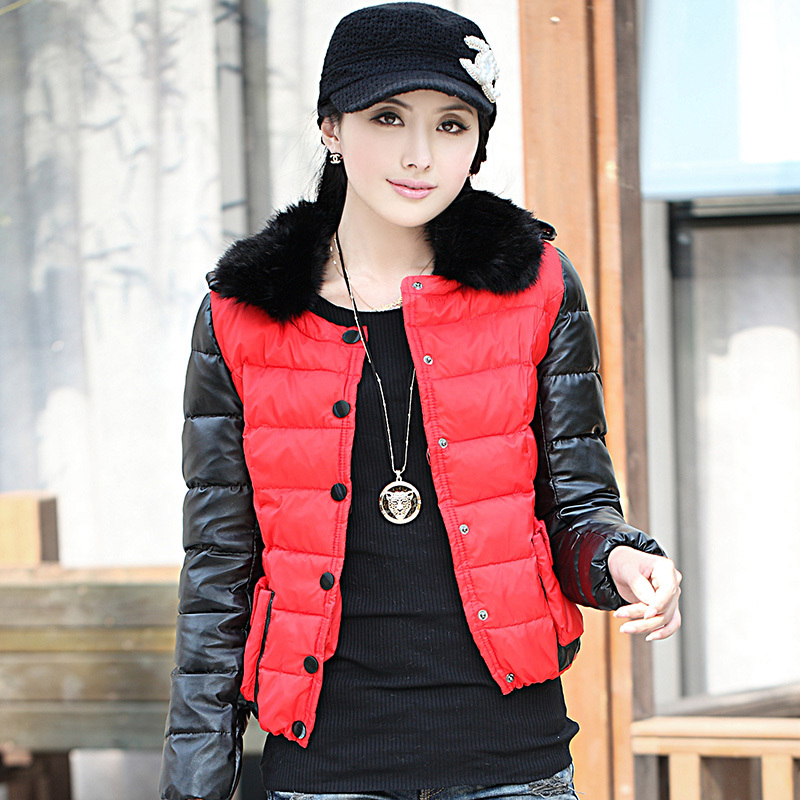 2012 winter colorant match fur collar single breasted leather wadded jacket short design water washed leather cotton-padded