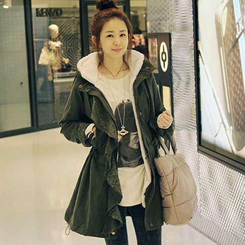 2012 winter double layer ruffle with a hood casual thickening winter wadded jacket overcoat outerwear Army Green