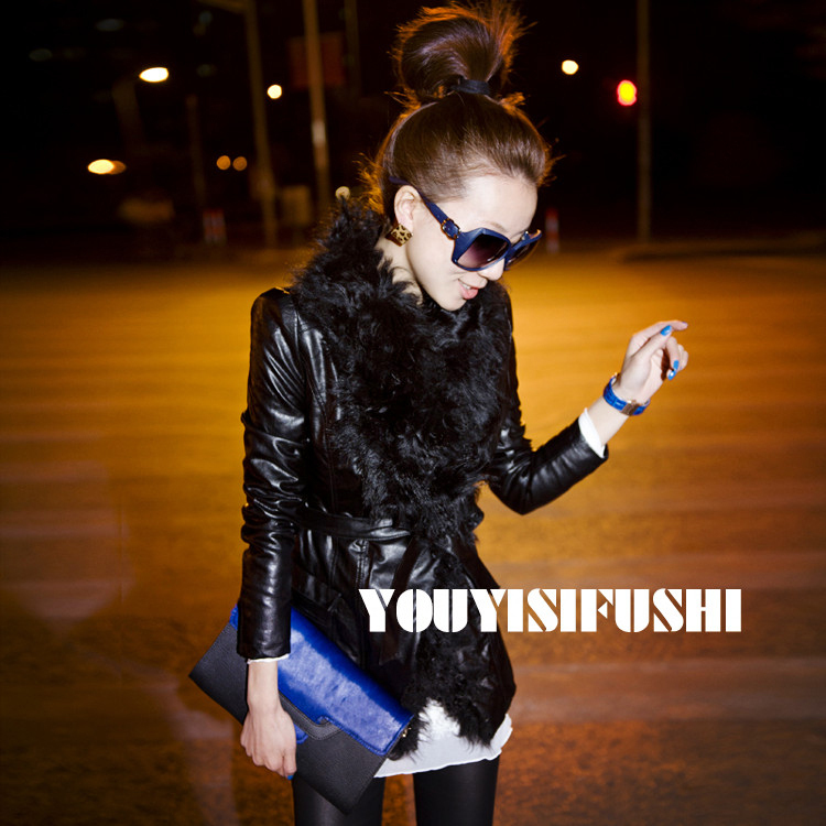 2012 winter fashion black sheep roll fur collar waist cotton-padded leather clothing y110078