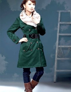 2012 winter fashion elegant double breasted large fur collar thickening cotton trench slim wadded jacket