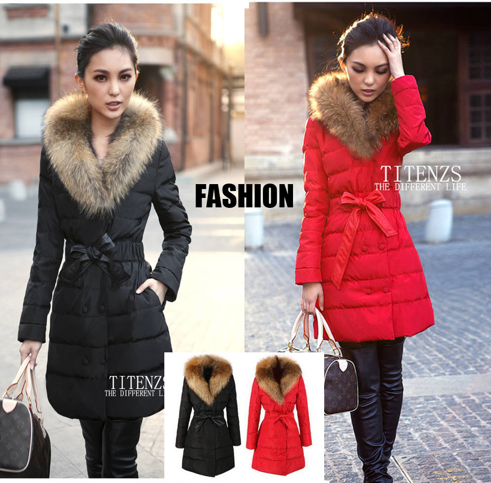 2012 winter fashion large fur collar medium-long down coat /wadded cotton-padded Down jacket free shipping S-XL size black /red