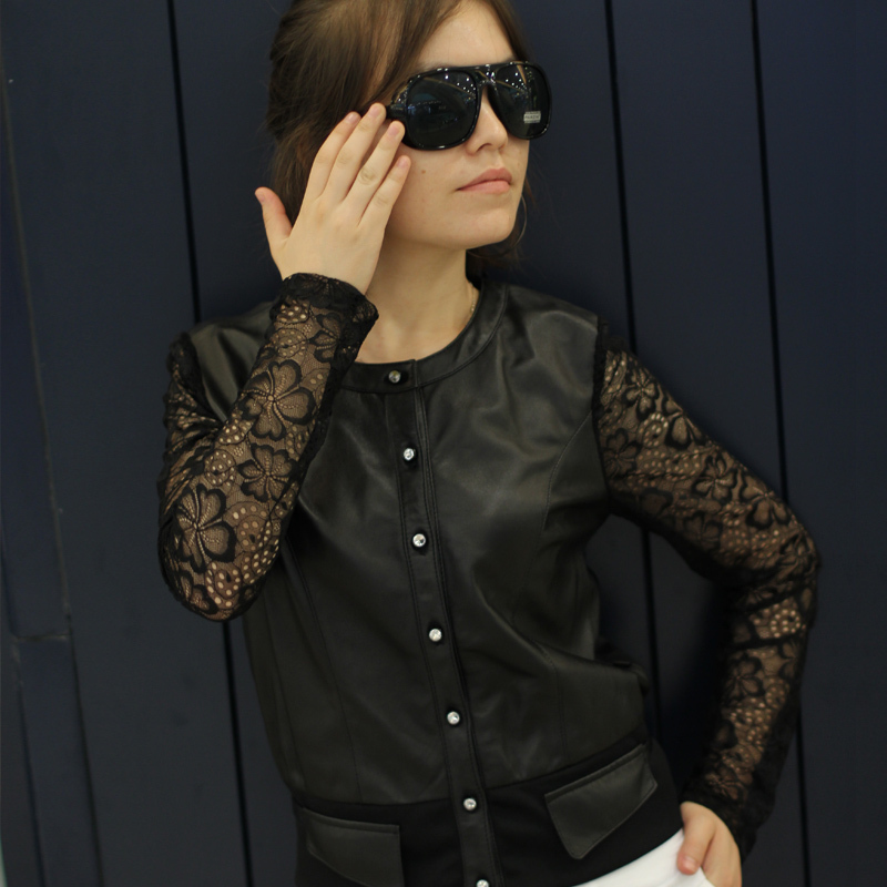 2012 winter fashion sexy women's genuine leather lace sleeve patchwork leather clothing cardigan women's top 15