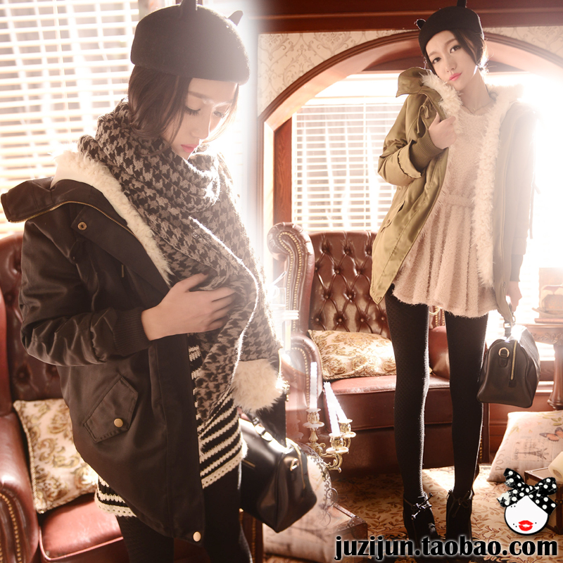 2012 winter fashion thickening plus cotton berber fleece liner with a hood outerwear military overcoat