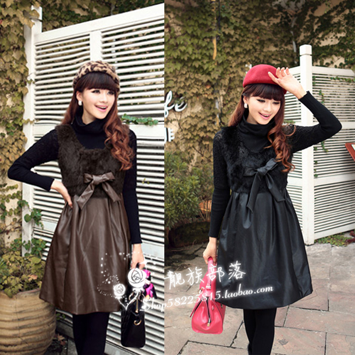 2012 winter fashion V-neck rabbit fur patchwork butterfly slim long design PU clothing one-piece dress leather skirt