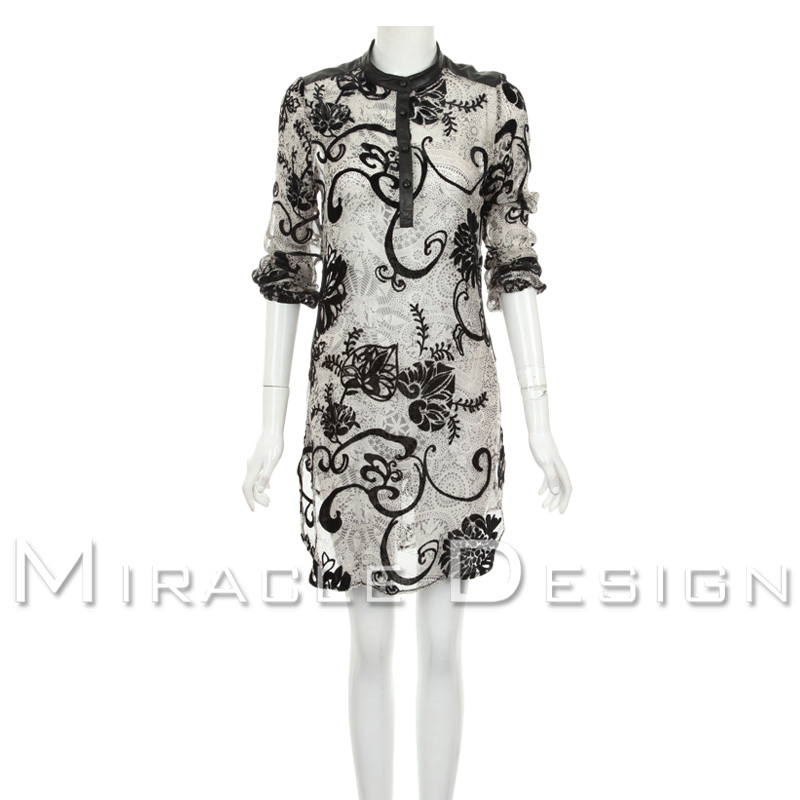 2012 winter fashion vintage genuine leather suede stand collar velvet flock printing flower print silk one-piece dress