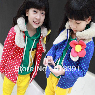 2012 winter female child polka dot flower berber fleece lining wadded jacket baby outerwear