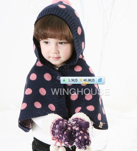 2012 winter female child polka dot with a thermal hood cape child cloak baby cloak christmas new year gift