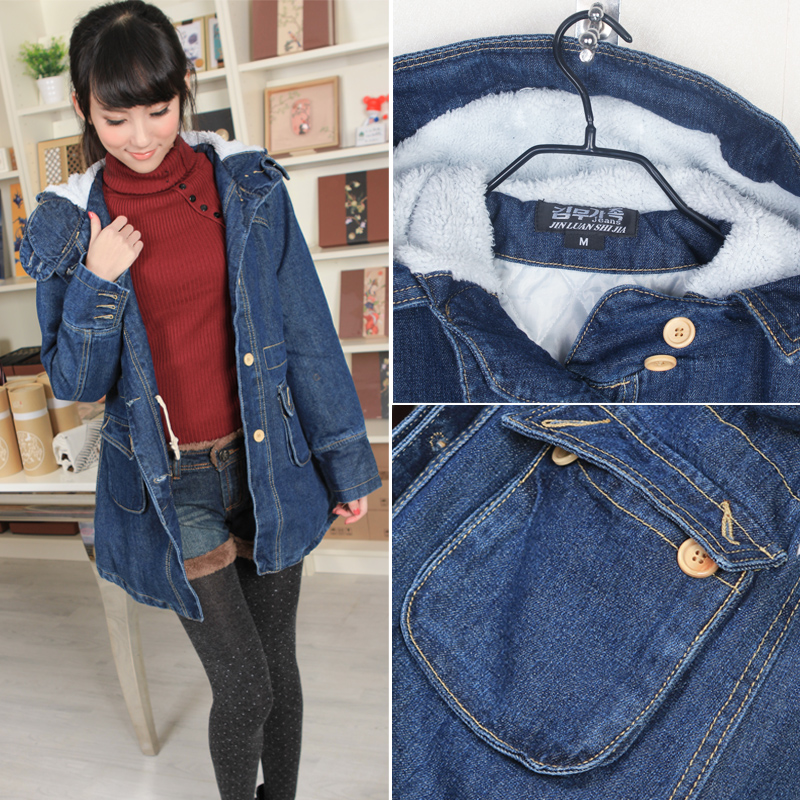 2012 winter female denim trench outerwear thickening windproof denim trench