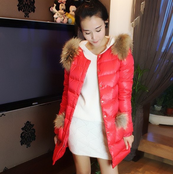 2012 Winter Female White And Red Long Design Thin Down Coat Outerwear
