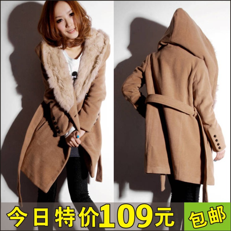 2012 winter fur collar woolen outerwear medium-long cashmere woolen overcoat female trench