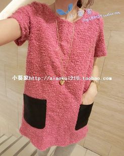 2012 winter fushia leather pocket back zipper woolen one-piece dress