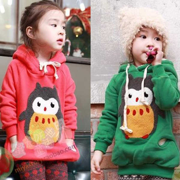 2012 winter girls clothing applique owl with a hood fleece thickening big sweatshirt pullover outerwear