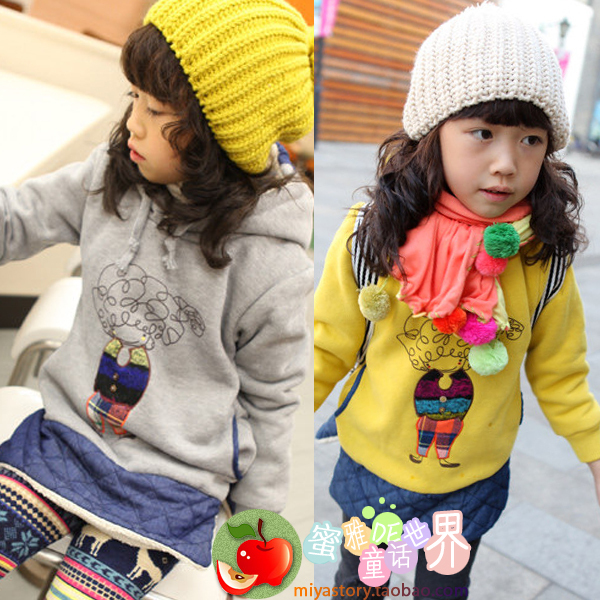 2012 winter girls clothing cartoon doll child thickening plus velvet liner with a hood sweatshirt princess wadded jacket