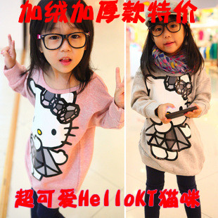 2012 winter girls clothing kitty cat plus velvet sweatshirt child baby thickening sweatshirt