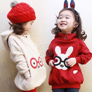 2012 winter glasses rabbit girls clothing baby with a hood cotton-padded jacket sweatshirt wt-0728