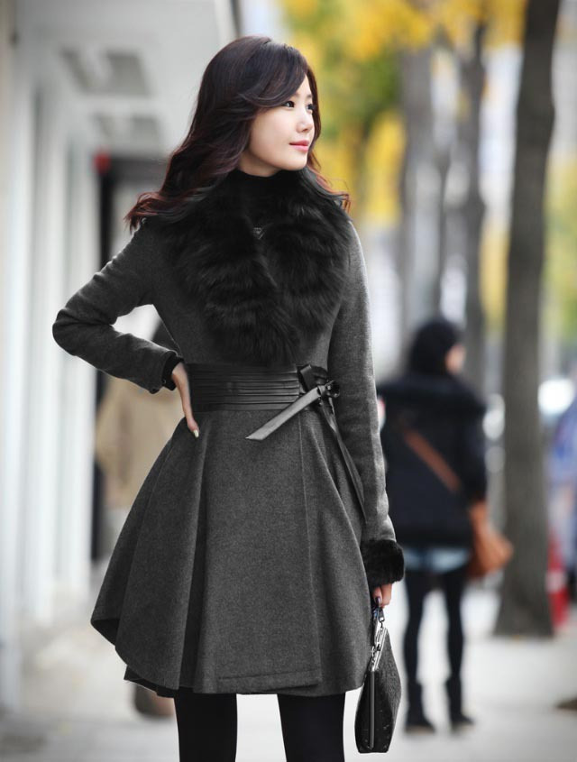 2012 winter gray classic fur collar pleated genuine leather slim waist wool coat wool