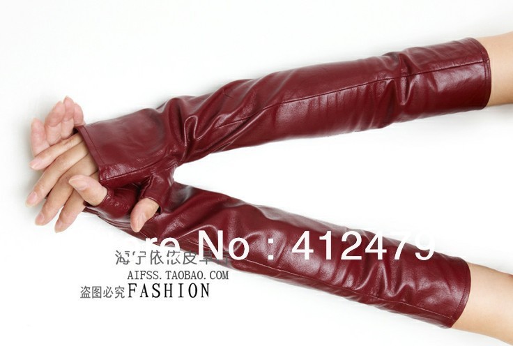 2012 winter high quality genuine leather long women's gloves new fashion warm plus velvet half-finger gloves free shipping TB007