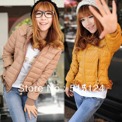2012 winter hot female shall warm slim Hooded Coat Lace bottom zippered padded 2 colors and 2 size