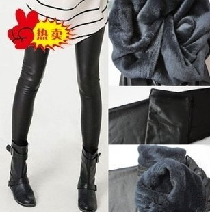 2012 winter hot-selling inside brushed beaver trousers thickening faux leather legging warm pants boot cut jeans tights