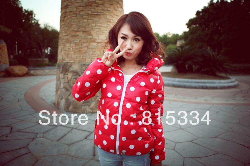 2012 winter hot selling red dot down jacket women/ short design chromophous down coat free shipping L-XXL