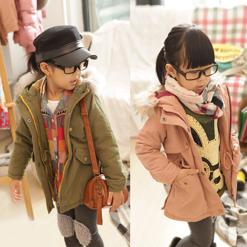 2012 Winter Korean Style Baby Girl's Clothes Soldier Flavor Long Size Children's Outwear Fur Collar Fashion Toddlers' Coats