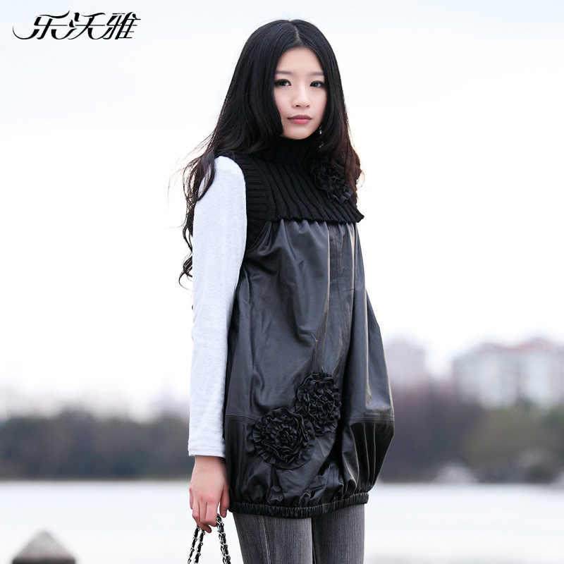 2012 winter lace genuine leather skirt sheep one-piece dress women's leather tank dress plus size