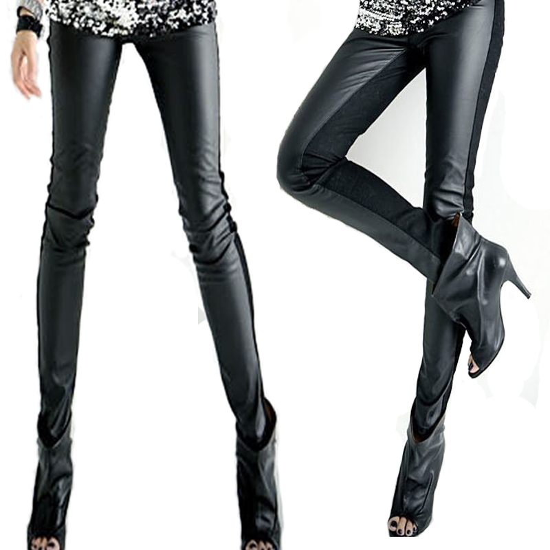 2012 Winter Lady's Woolen Legging Spliced with PU Leather Women Slim PU Pants