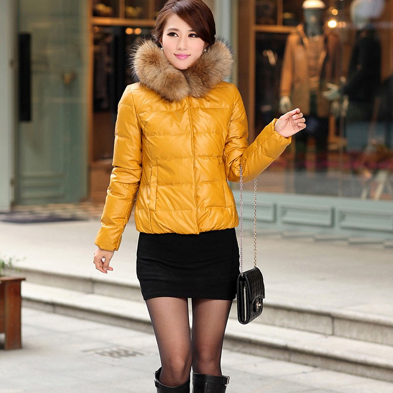 2012 winter large raccoon fur with a hood PU thermal slim down coat plus size