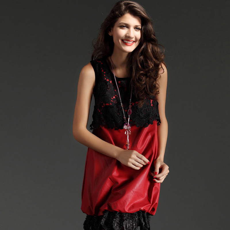 2012 winter loose plus size PU vest one-piece dress lace patchwork red leather skirt