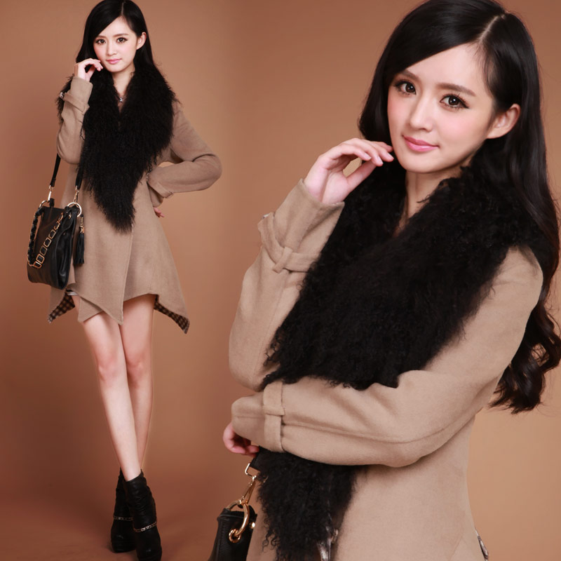 2012 winter luxury large berber fleece slim waist irregular expansion bottom wool coat trench