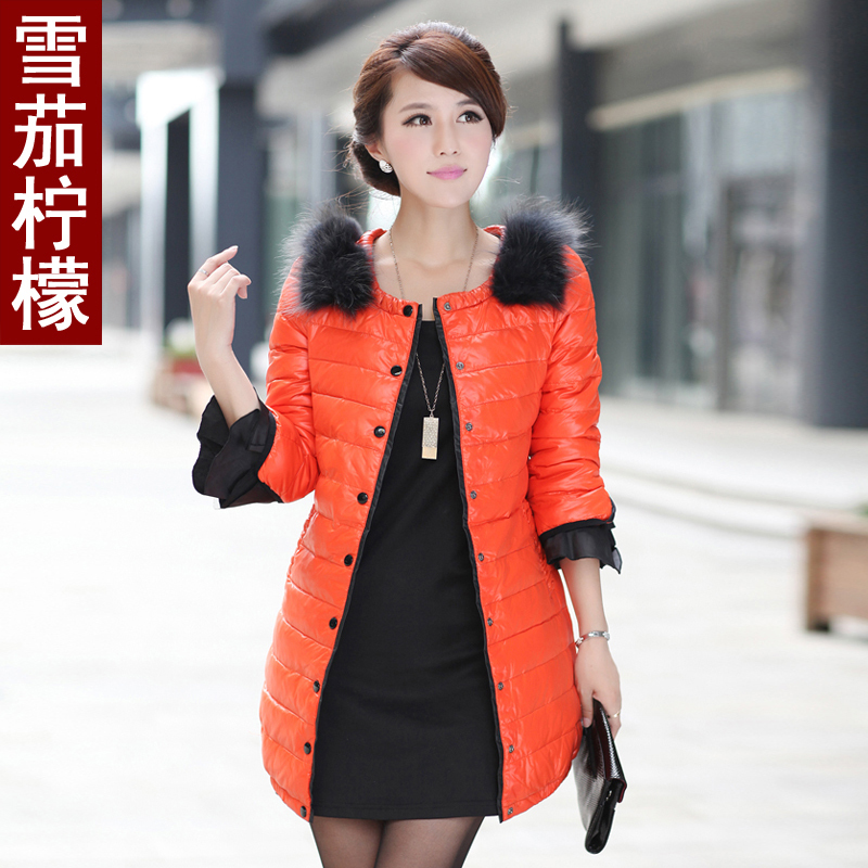2012 winter luxury pardew fur collar slim down coat female medium-long