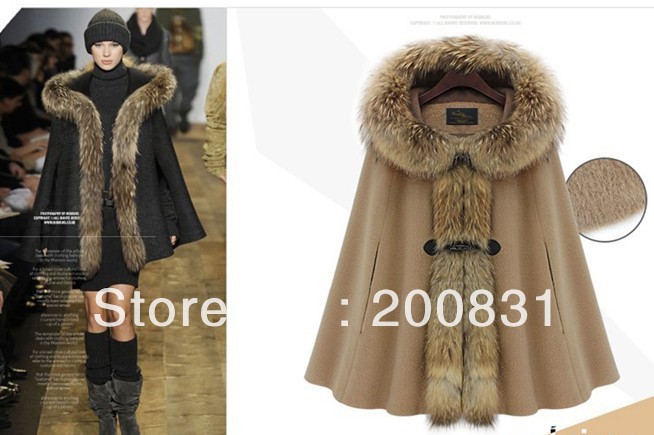 2012 Winter Luxury Woman's Mink Fur Collar Cape Hooded Poncho Cloak Outwear Jacket Coat