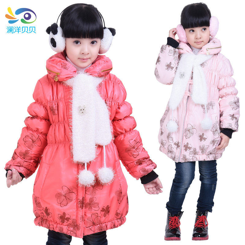 2012 winter medium-large female child winter wadded jacket belt scarf thickening lengthen children's clothing