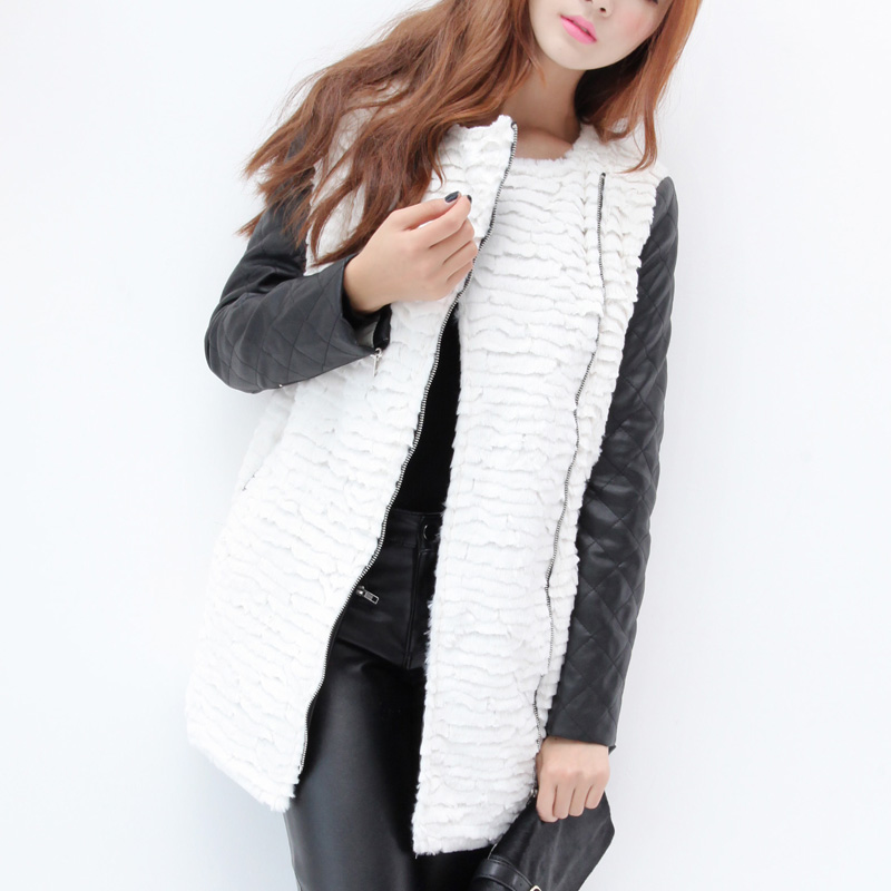 2012 winter new arrival cool o-neck eco-friendly fur patchwork PU long-sleeve overcoat outerwear female zd054