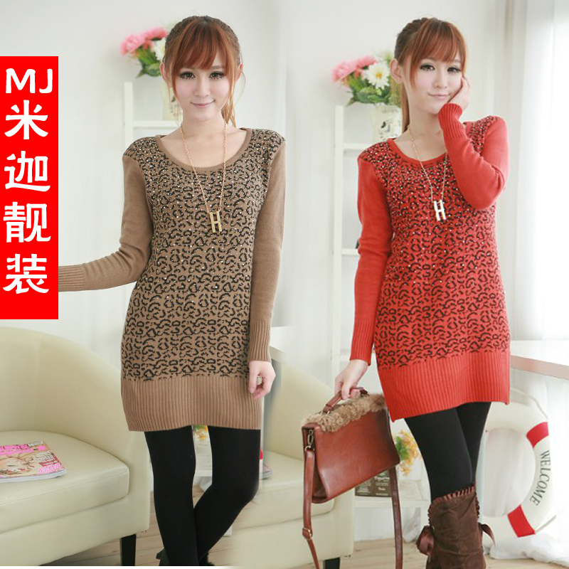 2012 winter new arrival fashion beading decorative pattern slim long design o-neck knitted slim hip basic sweater