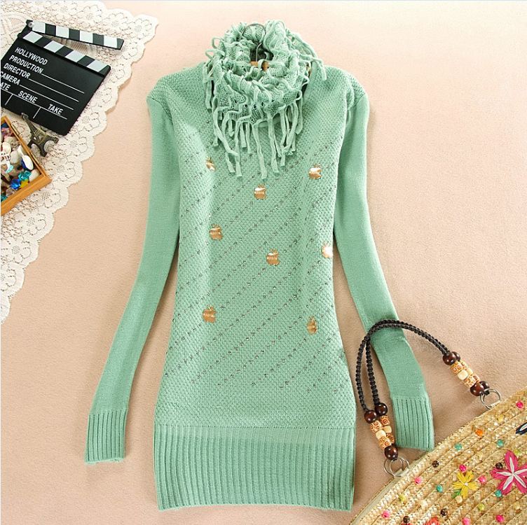 2012 winter new arrival fashion slim medium-long basic o-neck shirt rhinestones sweater muffler scarf