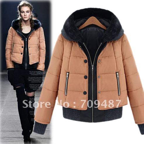 2012 winter new arrival fashion trend women's faux two piece thermal tie cap slim wadded jacket cotton-padded jacket outerwear