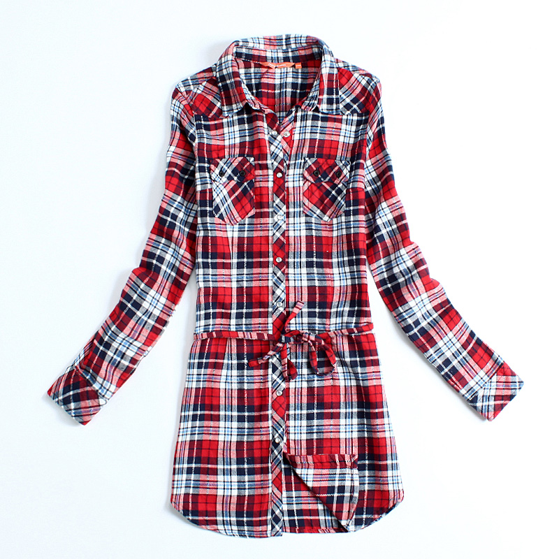 2012 winter new arrival female long design classic check 100% cotton casual shirt 300g
