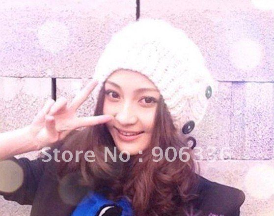 2012  Winter New Arrival Korea style fashion woolen yarn knitted women hats with buttons mix lots factory price Free Shipping