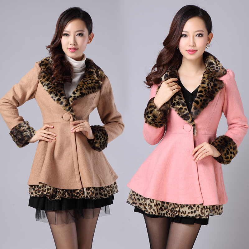 2012 winter new arrival slim woolen overcoat women's trench leopard print fur collar fashion elegant woolen outerwear