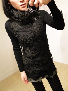 2012 winter new arrival vintage lace crotch gauze patchwork turtleneck sweater slim all-match g10