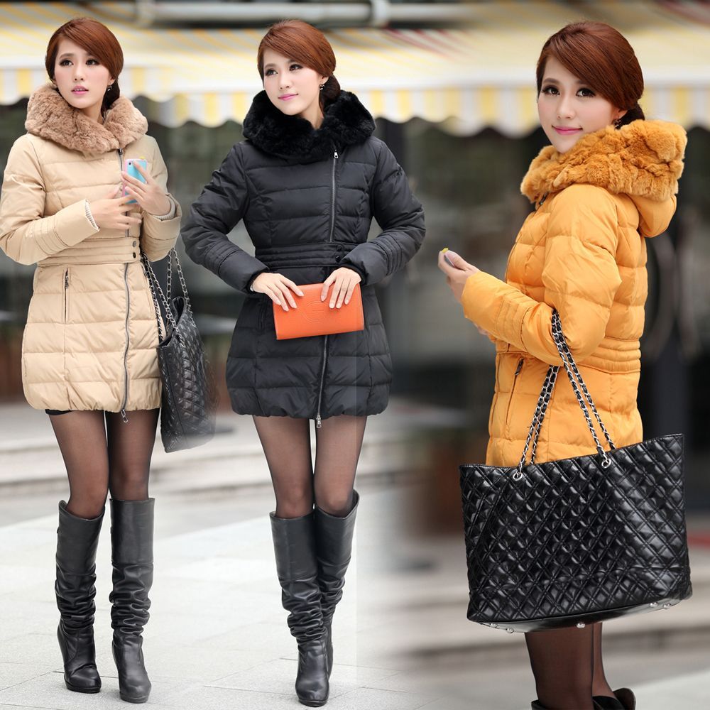 2012 winter new arrival women's rabbit fur slim medium-long down coat