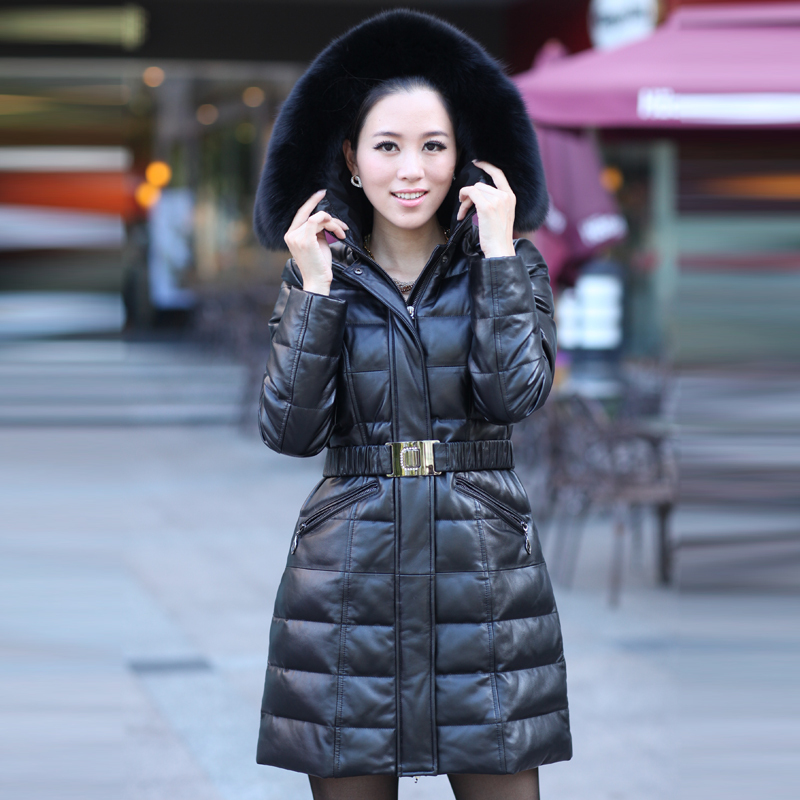 2012 Winter new genuine leather clothing long design down coat hooded outerwear trench thickening sheepskin women's