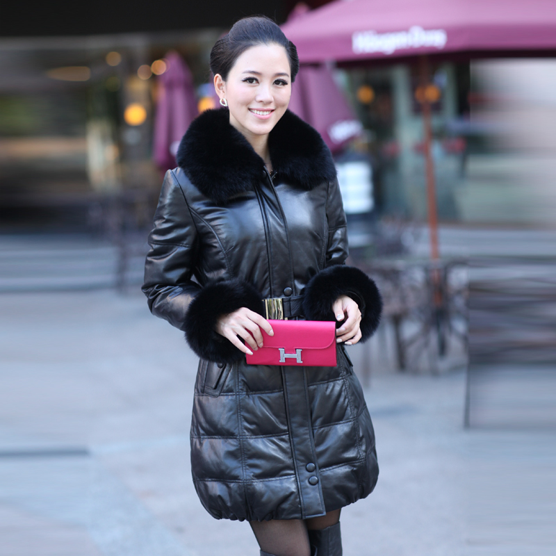 2012 Winter new genuine leather clothing women's down coat medium-long sheepskin leather clothing hooded fox sheepskin