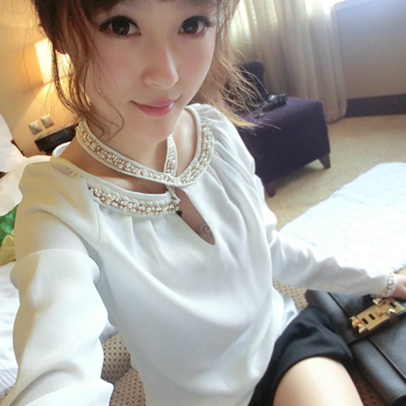 2012 Winter new Korean version of Women Halter design chiffon blouse beaded hollow long-sleeved shirt